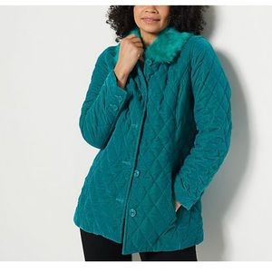 Isaac Mizrahi quilted velvet jacket with fun paisley lining and faux fur collar